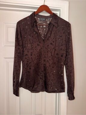 New York & Company Whimsical Brown Sheer Floral Button-Front Women's Top